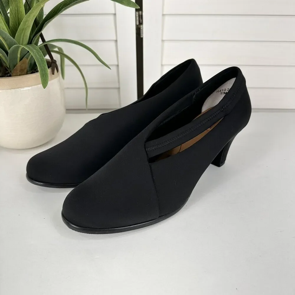 Ros Hommerson Black Satin Stretch Pumps Strap Cutout Comfort Shoes Size 11 M
